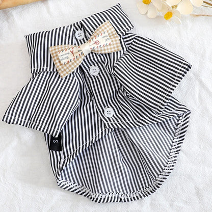 Bowknot Striped Dog Shirt Summer Blue Small Pet