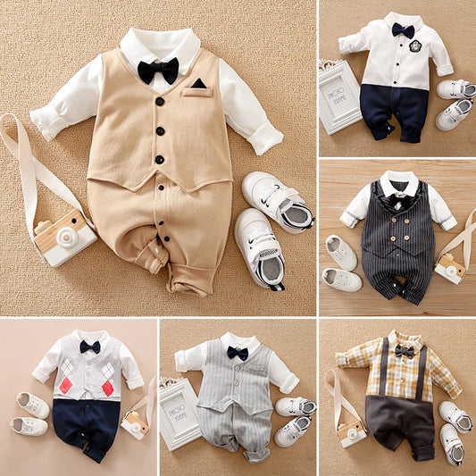 Newborn Gentleman-Style Cotton Long-Sleeve Baby Bodysuit (0-18M) - Tiny and Furry