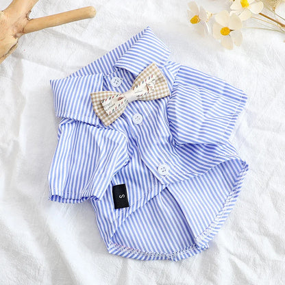 Bowknot Striped Dog Shirt Summer Blue Small Pet
