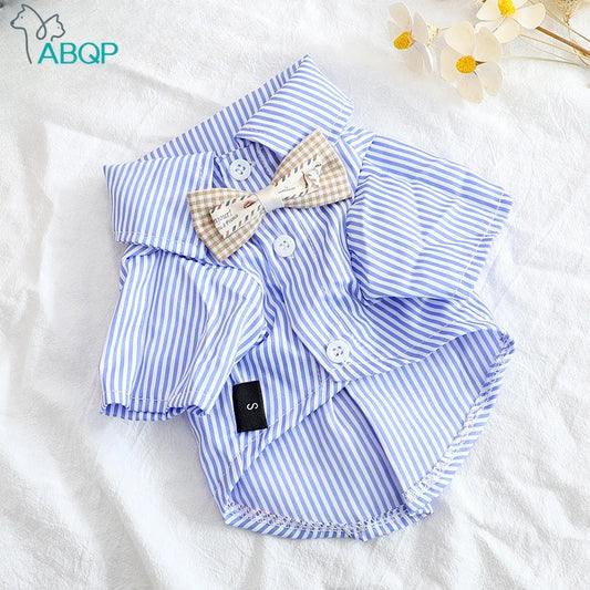 Bowknot Striped Dog Shirt Summer Blue Small Pet