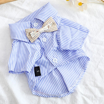 Bowknot Striped Dog Shirt Summer Blue Small Pet